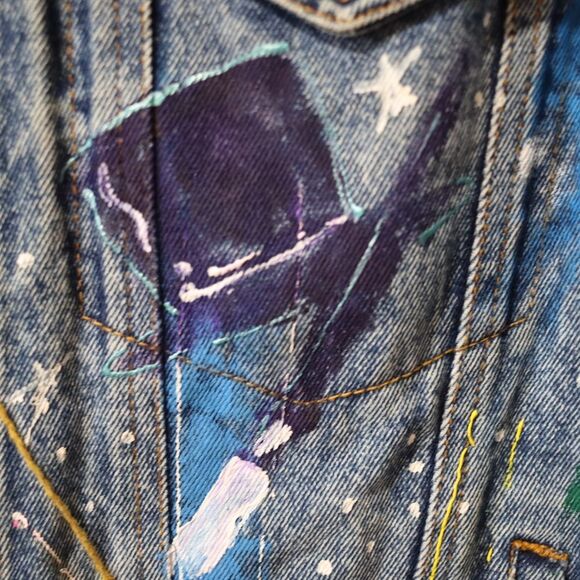 Vintage 80s Sport Deco Hand Painted Hollywood Denim Jacket Sequins Medium - Picture 7 of 16